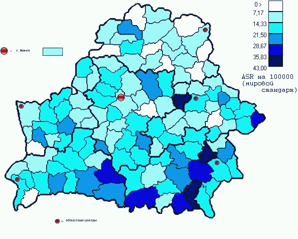 Географическое распределение уровня заболеваемости детей 0-14 лет новообразованиями (в соответствие с ICCC) в республике за период 1993-1997 гг. /мировой стандарт, на 100 000; срез на уровне района/.