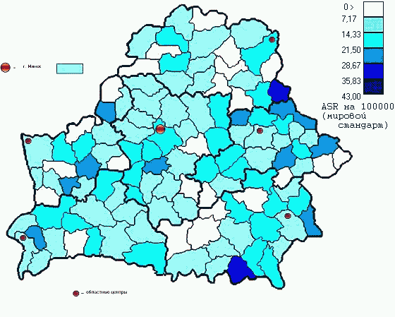 Географическое распределение уровня заболеваемости детей 0-14 лет новообразованиями (в соответствие с ICCC) без учета случаев рака щитовидной железы в республике за период 1998-2002 гг. /мировой стандарт, на 100 000; срез на уровне района/.